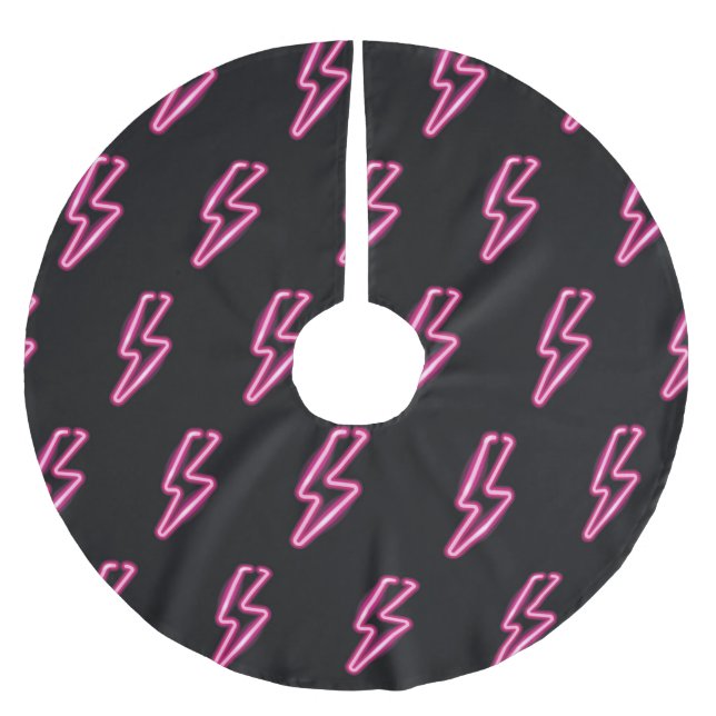 Neon Pink Lightning: Dark Background. Brushed Polyester Tree Skirt (Front)
