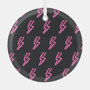 Neon Pink Lightning: Dark Background. Glass Ornament