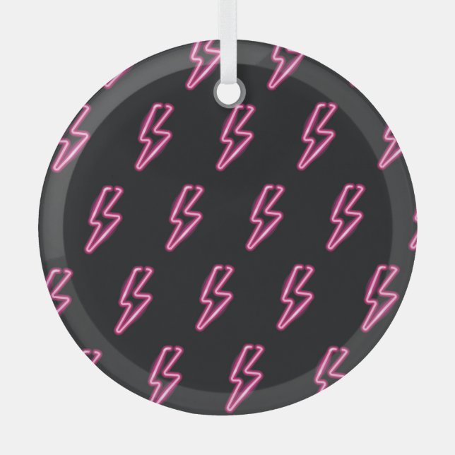 Neon Pink Lightning: Dark Background. Glass Ornament (Front)