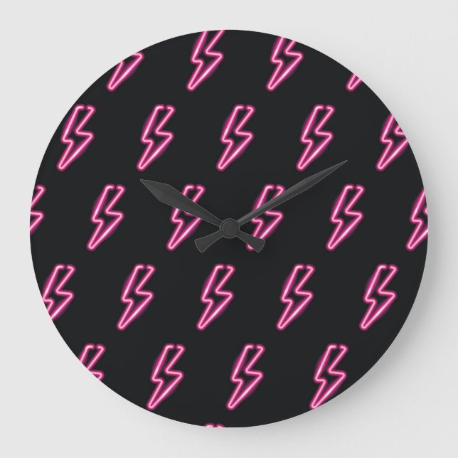 Neon Pink Lightning: Dark Background. Large Clock (Front)
