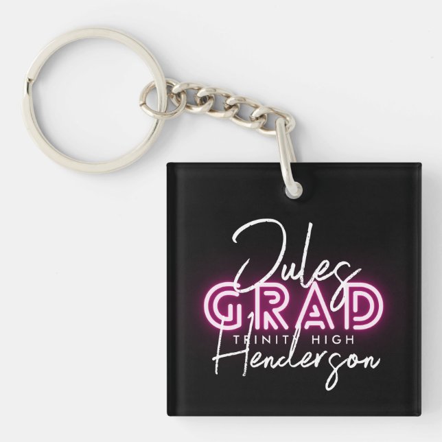 Neon Pink Lights Class of High School Graduation Keychain (Front)