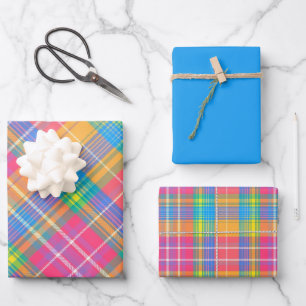 Neon Pink, Lime Green, Blue, Orange & Yellow Plaid Wrapping Paper Sheets