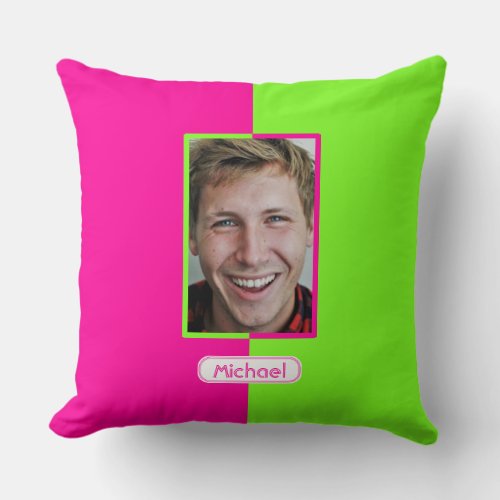 Neon Pink  Lime Green Color Block  Custom Photo Throw Pillow