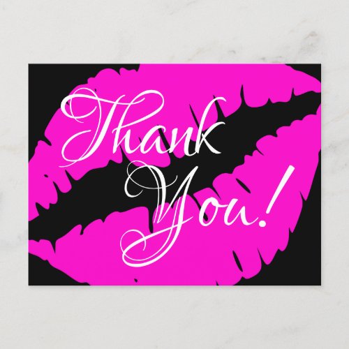 Neon Pink Lipstick Calligraphy Thank You Black Postcard