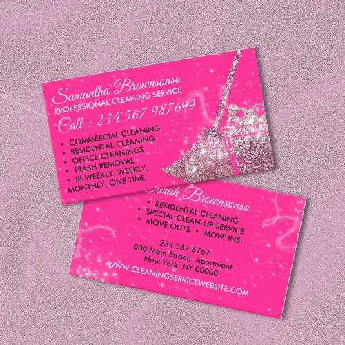 Neon Pink Luxury Cleaning Service Maid Janitorial Business Card