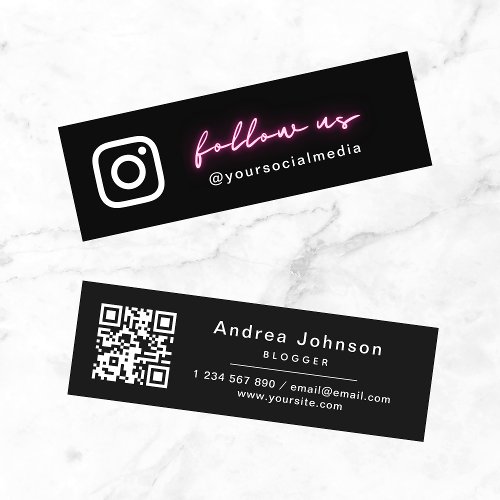 Neon Pink Minimal Follow Us Social Media  QR Code Mini Business Card