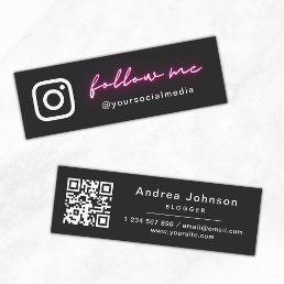Neon Pink Minimalist Follow Social Media &amp; QR Code Mini Business Card