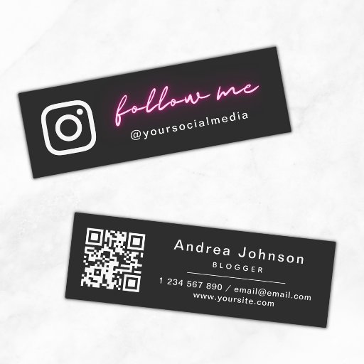 Customizable Neon Pink Minimalist Follow Social Media &amp; QR Code Mini Business Card