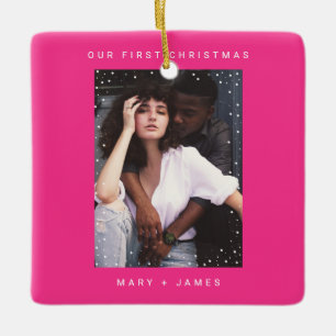 Neon Pink Modern Merry and Married Photo Ceramic Ornament