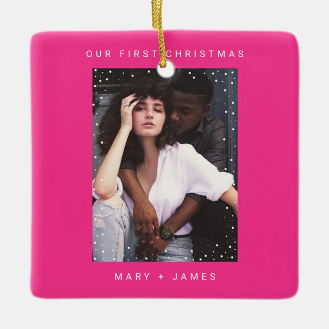 Neon Pink Modern  Merry and Married Photo Ceramic Ornament (Front)