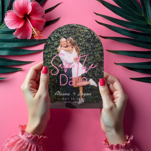 Neon Pink Modern Script Photo Save the Date