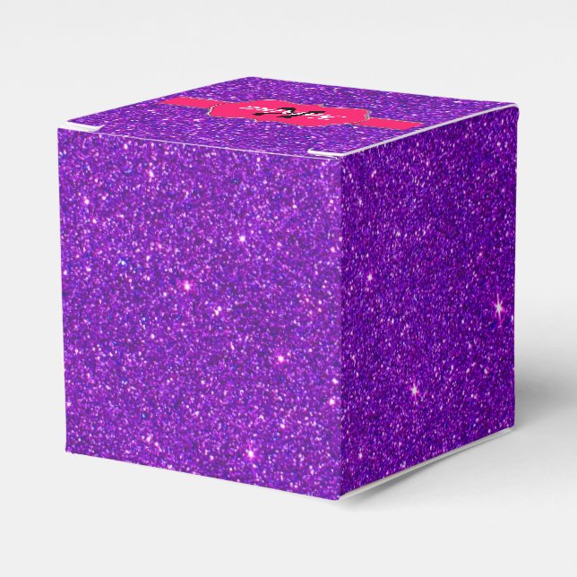 Neon Pink Monogram on Purple Glitter Favor Boxes (Front Side)