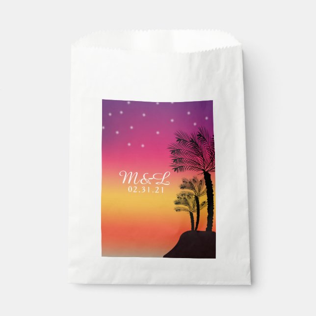 Neon Pink Ombre Tropical Tree Sunset Beach Favor Bag (Front)
