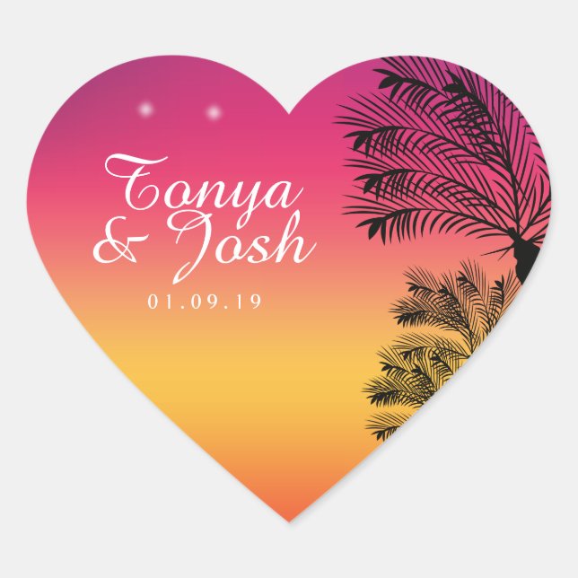 Neon Pink Ombre Tropical Tree Sunset Beach Heart Sticker (Front)