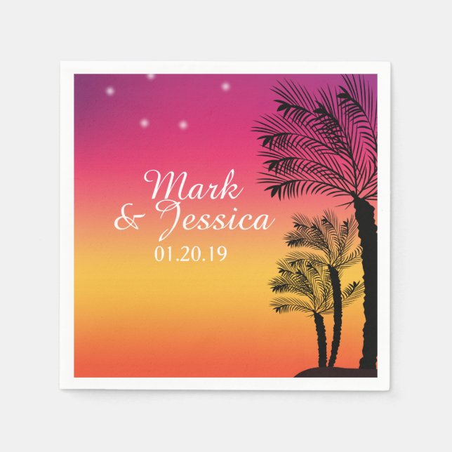 Neon Pink Ombre Tropical Tree Sunset Beach Napkins (Front)