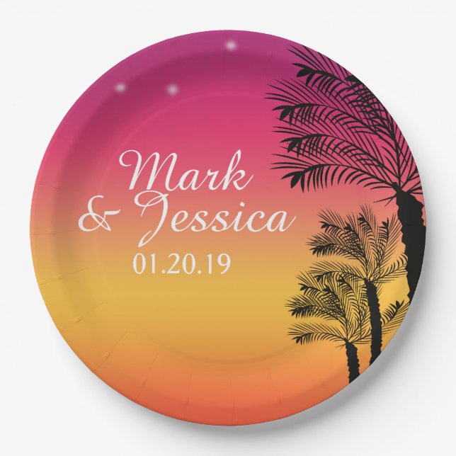 Neon Pink Ombre Tropical Tree Sunset Beach Paper Plates (Front)