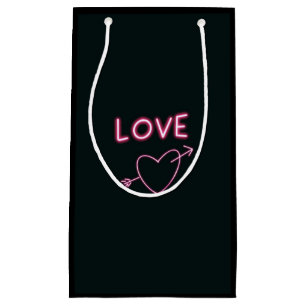 Neon Pink on Black LOVE hearts   Small Gift Bag