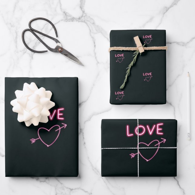 Neon Pink on Black LOVE hearts  Wrapping Paper Sheets (Front)