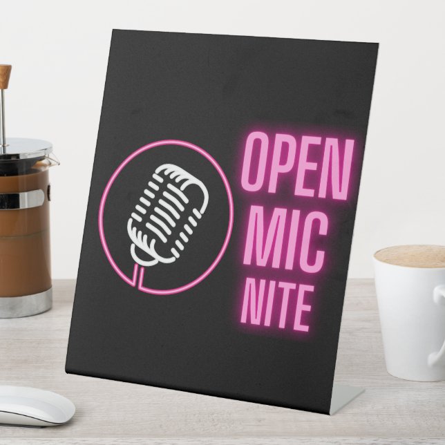 Neon Pink Open Mic Tabletop Pedestal Sign (In SItu)