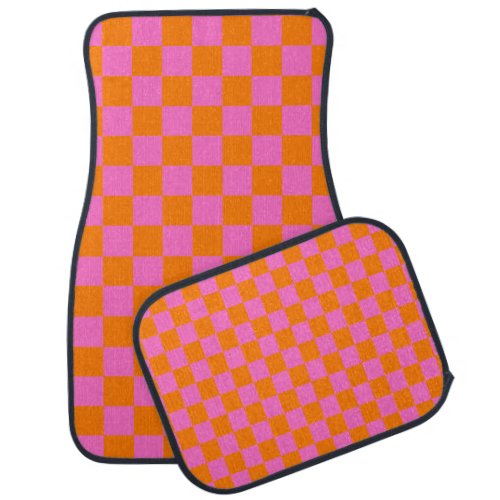 Neon Pink Orange Checkered Checkerboard Vintage Car Floor Mat