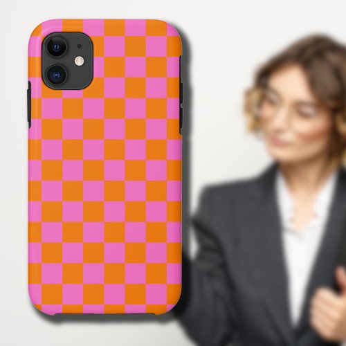 Neon Pink Orange Checkered Checkerboard Vintage iPhone 11 Case