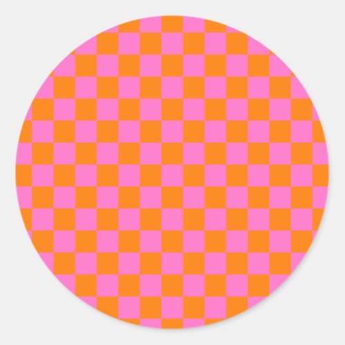 Neon Pink Orange Checkered Checkerboard Vintage Classic Round Sticker