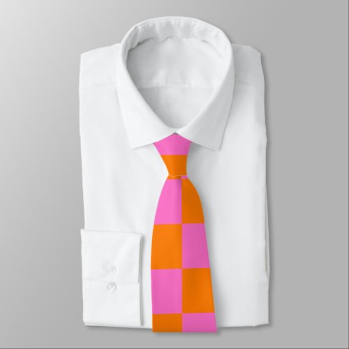 Neon Pink Orange Checkered Checkerboard Vintage Neck Tie