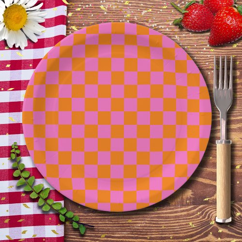 Neon Pink Orange Checkered Checkerboard Vintage Paper Plates