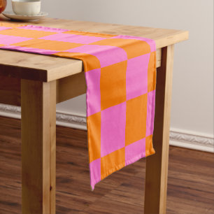 Neon Pink Orange Checkered Checkerboard Vintage Short Table Runner