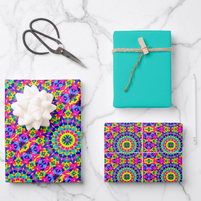 Neon Pink, Orange, Green & Yellow Tile Pattern Wrapping Paper Sheets (Front)