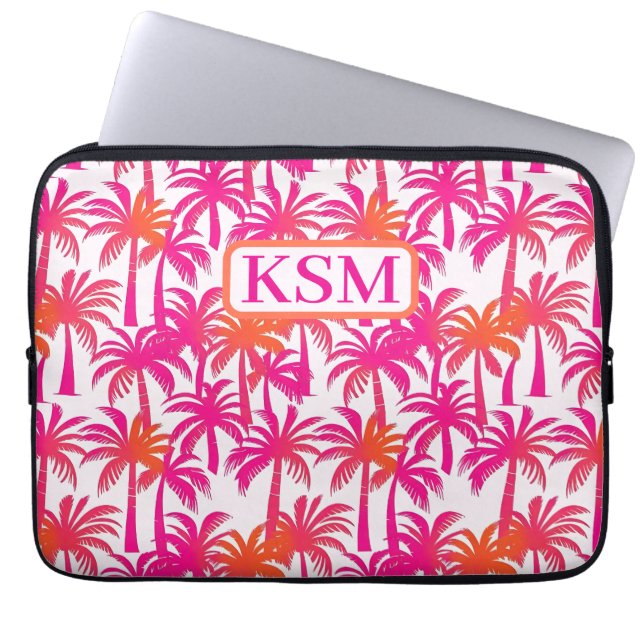 Neon Pink Orange Palm Tree Monogram Laptop Sleeve (Front)