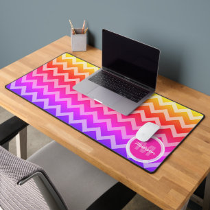 Neon pink orange purple Chevron retro Monogram Desk Mat