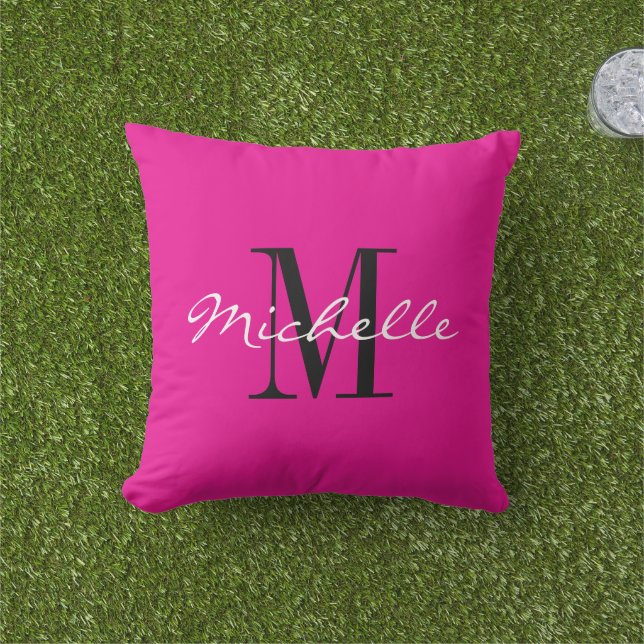 Neon pink outside decoration pillow with monogram (Grass)