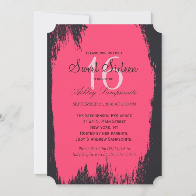 Neon Pink Paint Stroke on Black Invitation (Front)