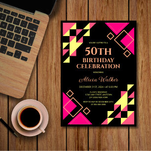 Neon Pink Peach Triangle Geometric Black Birthday  Invitation