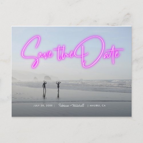 Neon Pink Photo Save the Date Announcement Postcard