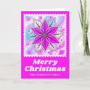 Neon Pink Poinsettia Christmas Postage Stamp Holiday Card