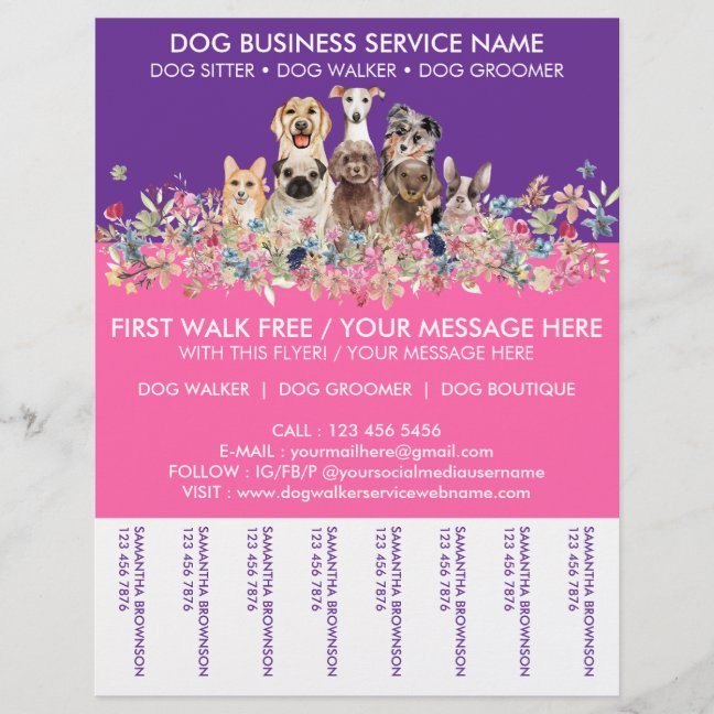 Neon Pink purple Breeds Dog Walker Service Flyer