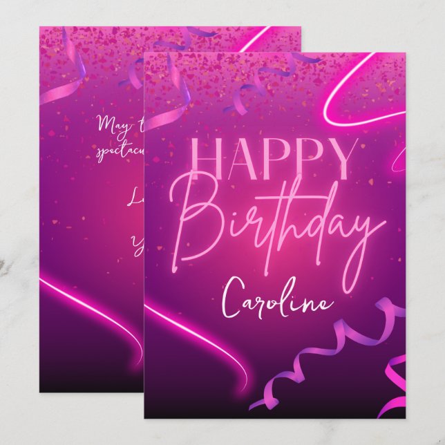 Neon Pink Purple Confetti Happy Birthday  Holiday Card (Front/Back)