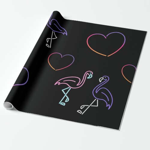 Neon Pink Purple Flamingo and Hearts  Wrapping Paper