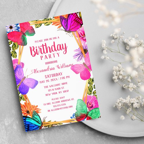 Neon Pink Purple Floral Butterfly Birthday  Invitation Postcard