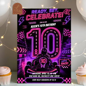 Neon Pink Purple Girl Racing 10th Birthday Party Invitation