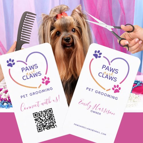Neon Pink Purple Pet Grooming QR Code Business Card