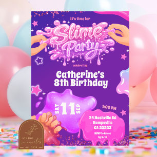 Neon Pink Purple Slime Birthday Invitation