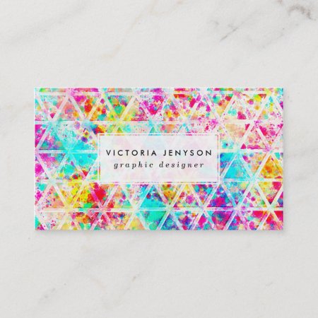 Neon Pink Rainbow Watercolor Triangles Pattern Business Card