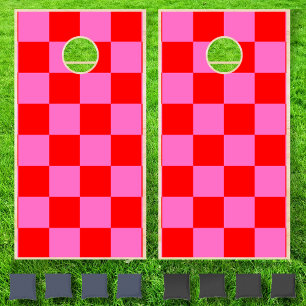 Neon Pink Red Checkered Checkerboard Vintage Cornhole Set