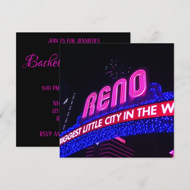 Neon Pink Reno Arch Photo Bachelorette Party Invitation (Front/Back)