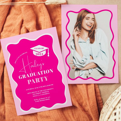 Neon pink retro wavy frame photo graduation invitation