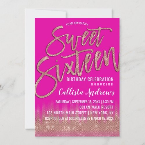 Neon Pink Rose Gold Glitter Typography Sweet 16 Invitation