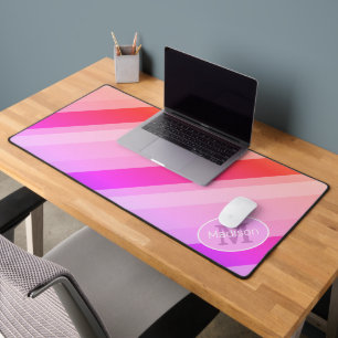 Neon pink rose retro geometric lines Monogram Desk Mat